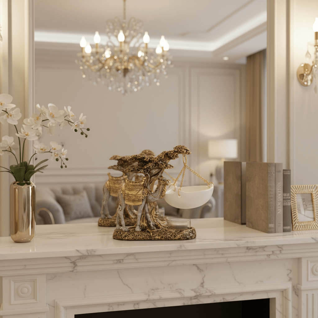 Decorative items on a marble mantelpiece with a mirror reflecting a chandelier.