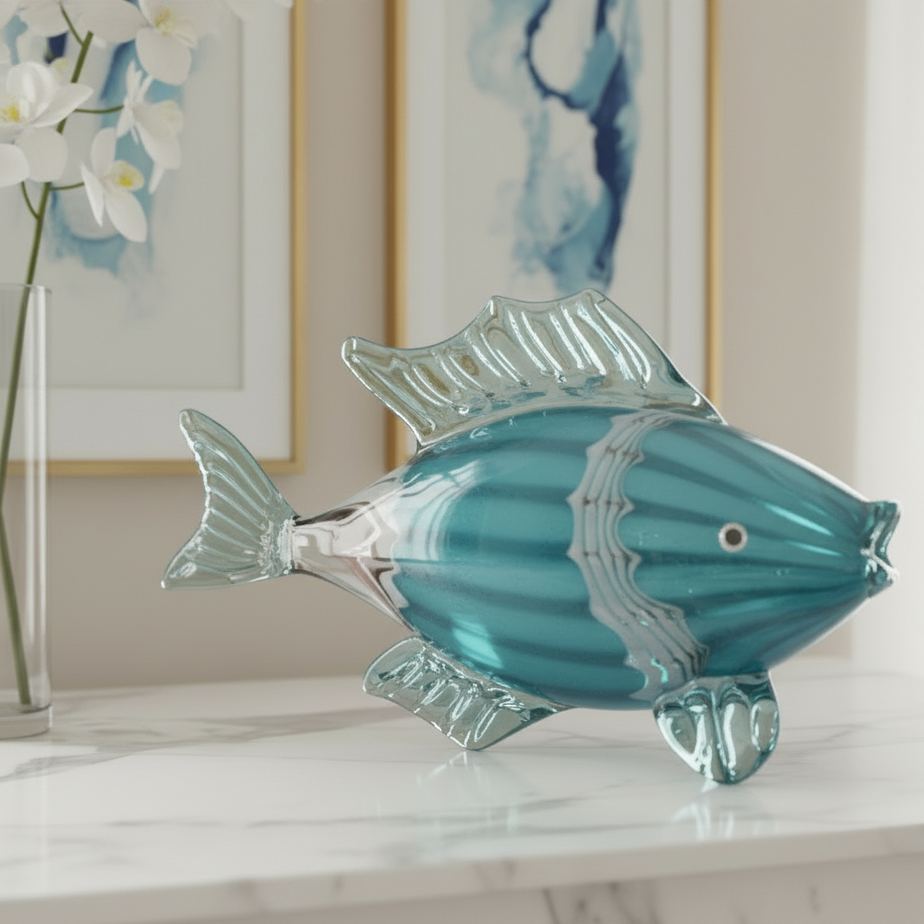 Glass fish sculpture on a white background