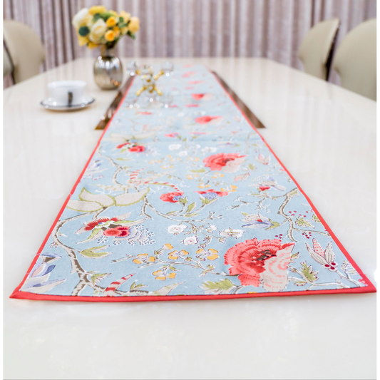 Chic Blue & Pink Floral Table Runner | Decorative Dining Room Accent