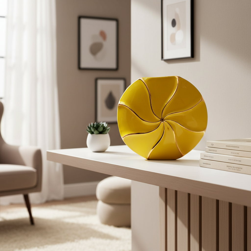 Yellow decorative pillow on a table in a living room setting