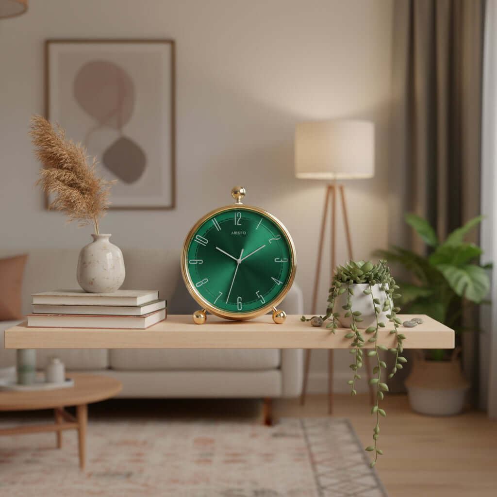 Green clock with gold frame and base on a white background