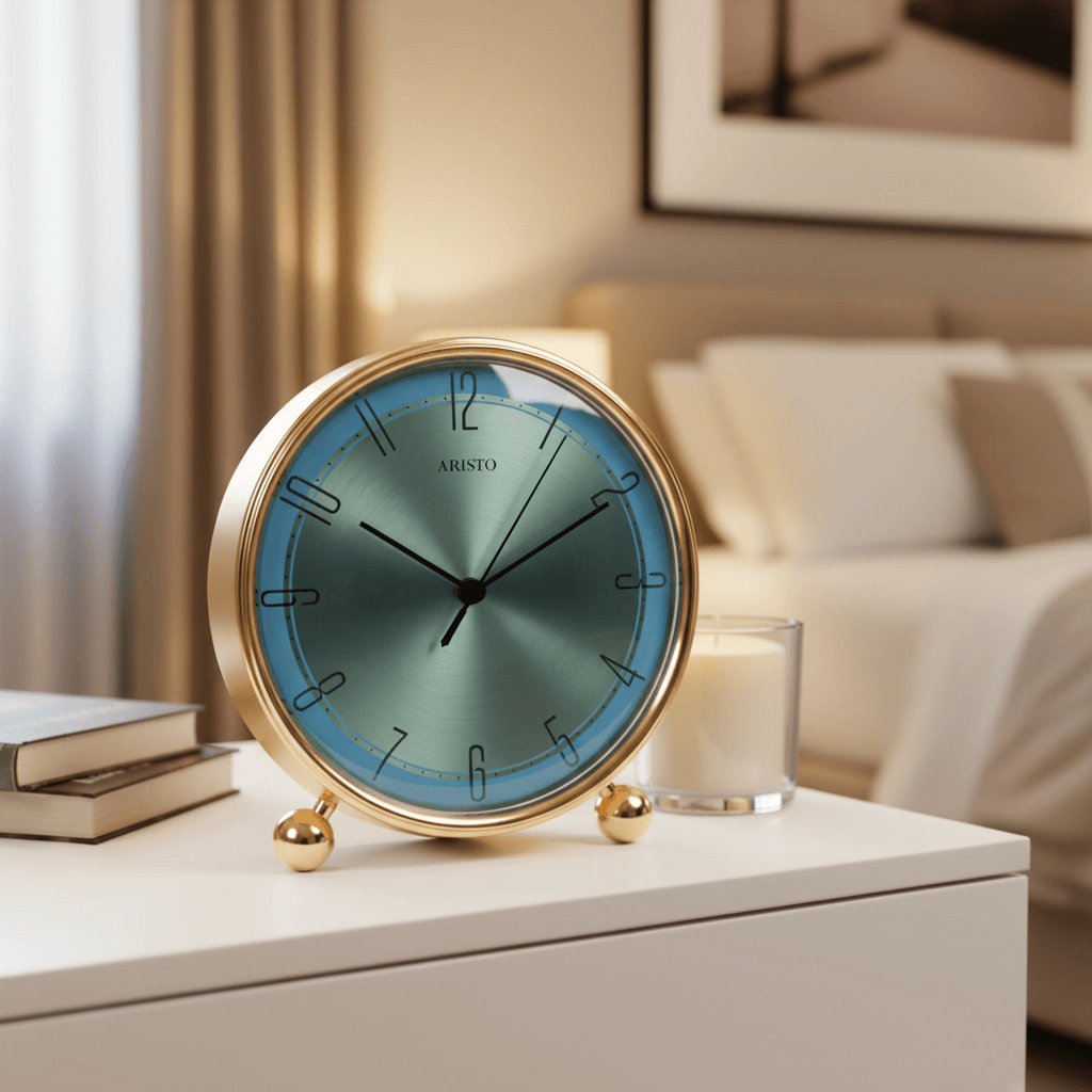 Round clock with gold frame and blue gradient face on a white background