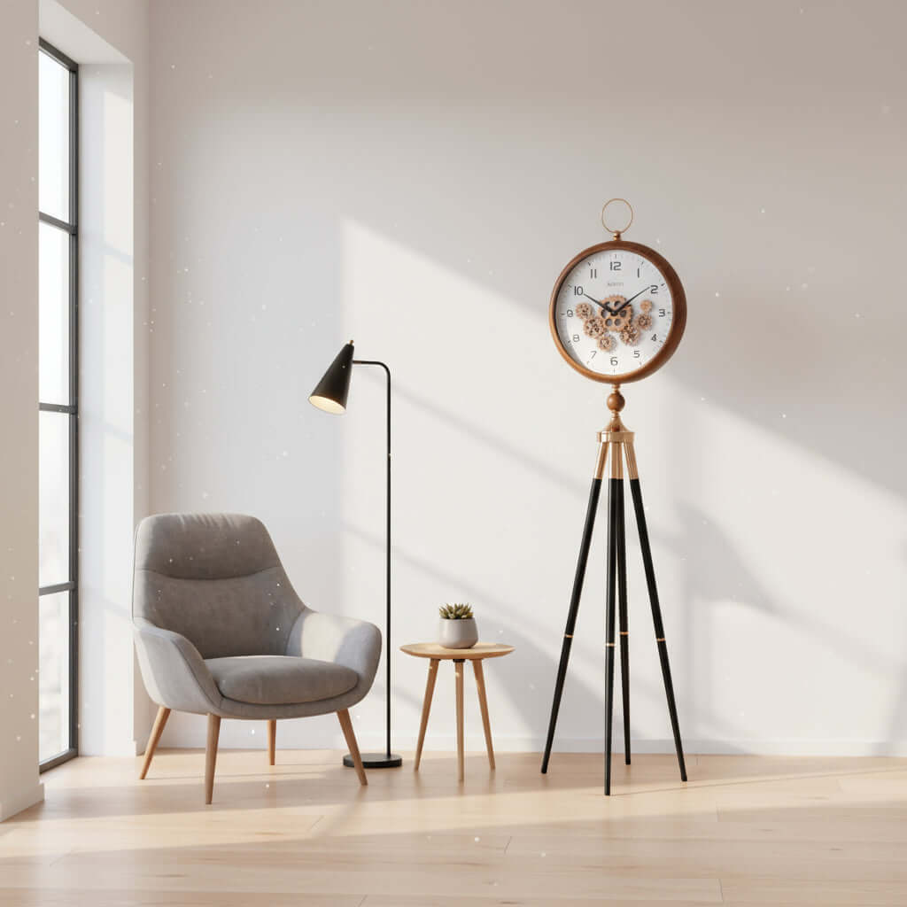 Decorative clock on a tripod stand with a white background