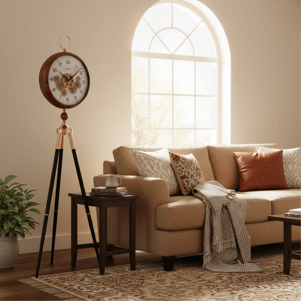 Living room with beige sofa, decorative pillows, and a standing clock.