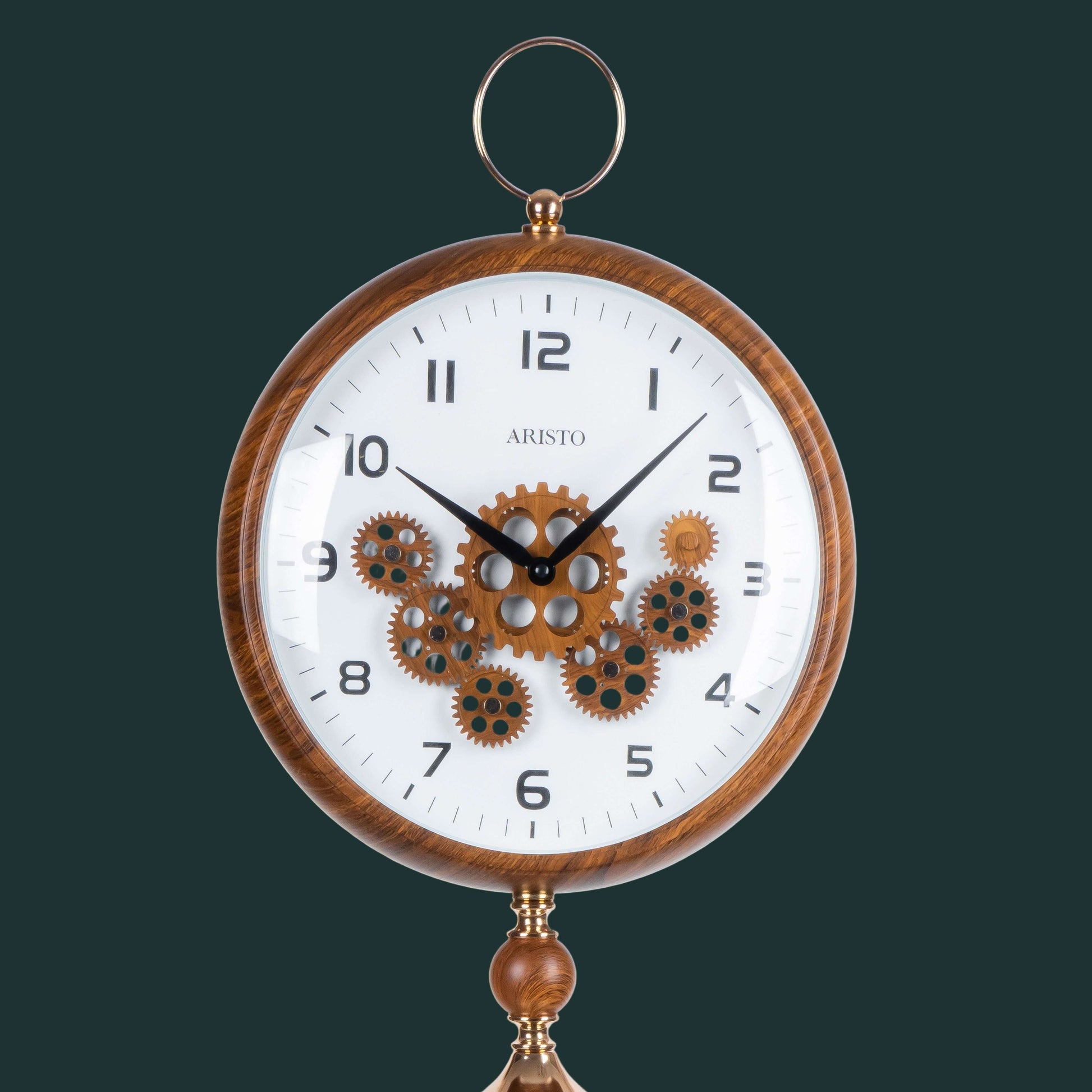 Wooden wall clock with gear design on a white background