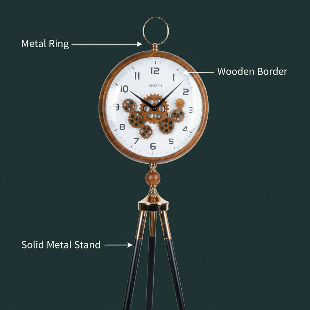Decorative clock with gear design on a white background