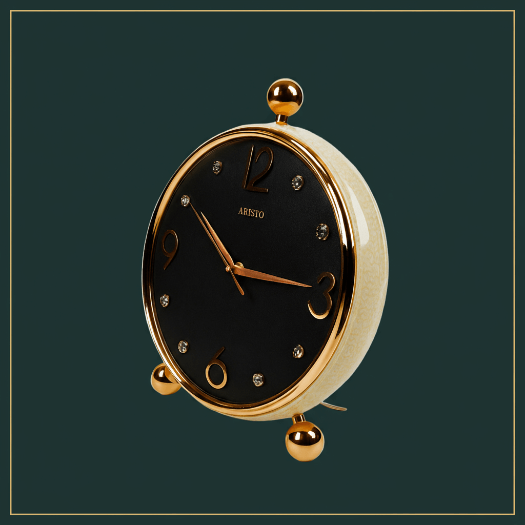 Decorative clock with gold rim and black face on a white background