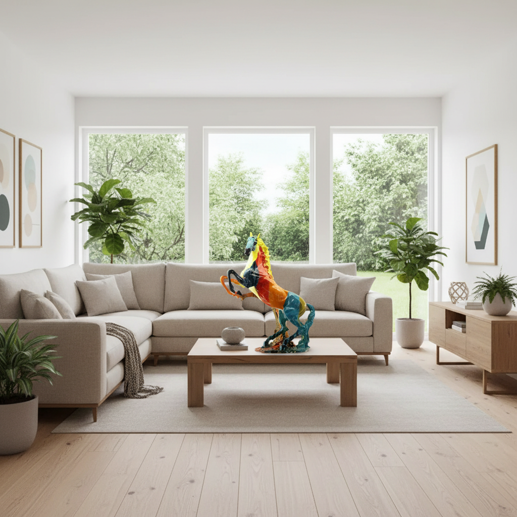 Modern living room with a sectional sofa, coffee table, and decorative elements.