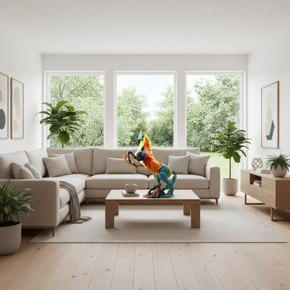 Modern living room with a sectional sofa, coffee table, and decorative elements.