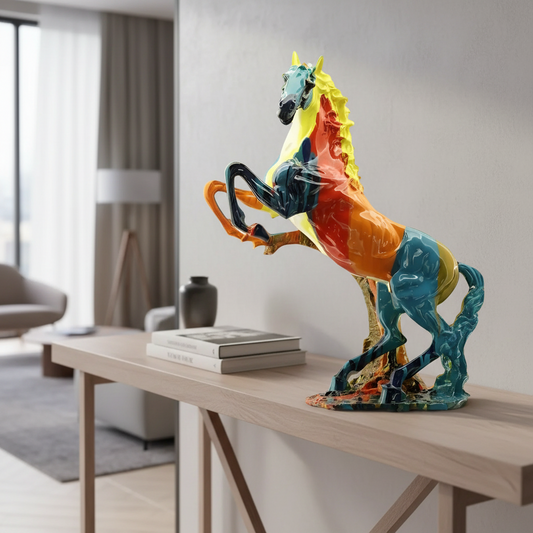 Colorful horse sculpture on a wooden table in a modern living room.