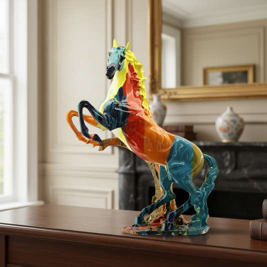 Colorful horse sculpture on a wooden surface with a neutral background