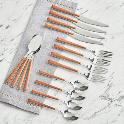 Stainless Steel Flatware Set with Wood-Look Handles - 16-Piece Set