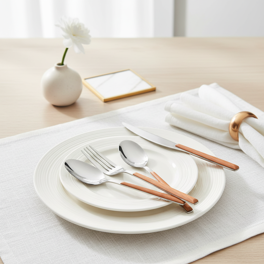 Dining table setting with white plates, silver and rose gold cutlery, and a white napkin.