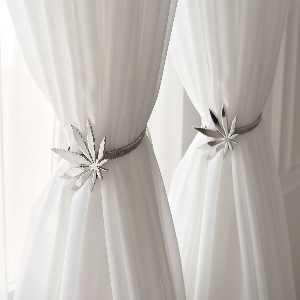 White sheer curtains with decorative tiebacks shaped like leaves.