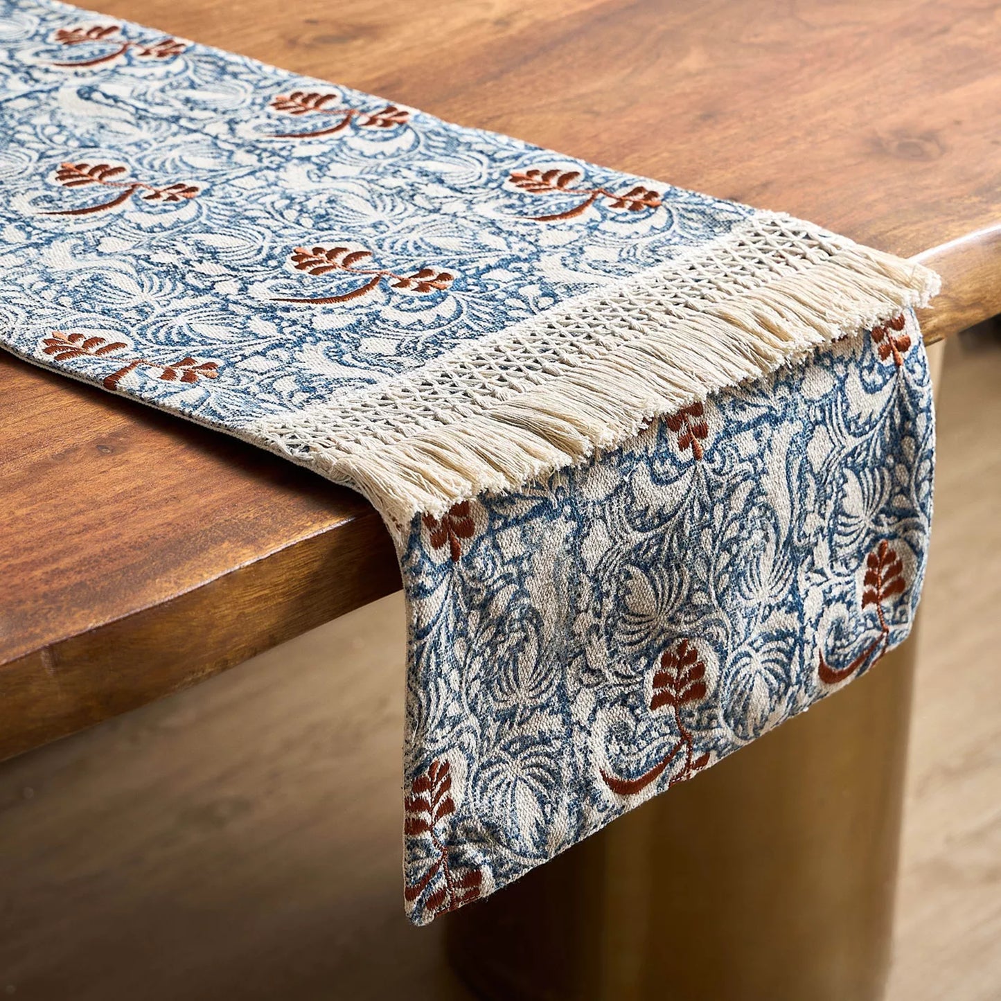 Handcrafted Blue and Ochre Floral Jacquard Table Runner with Tassels
