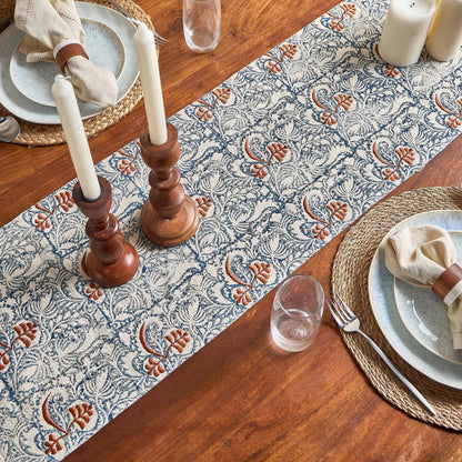 Handcrafted Blue and Ochre Floral Jacquard Table Runner with Tassels