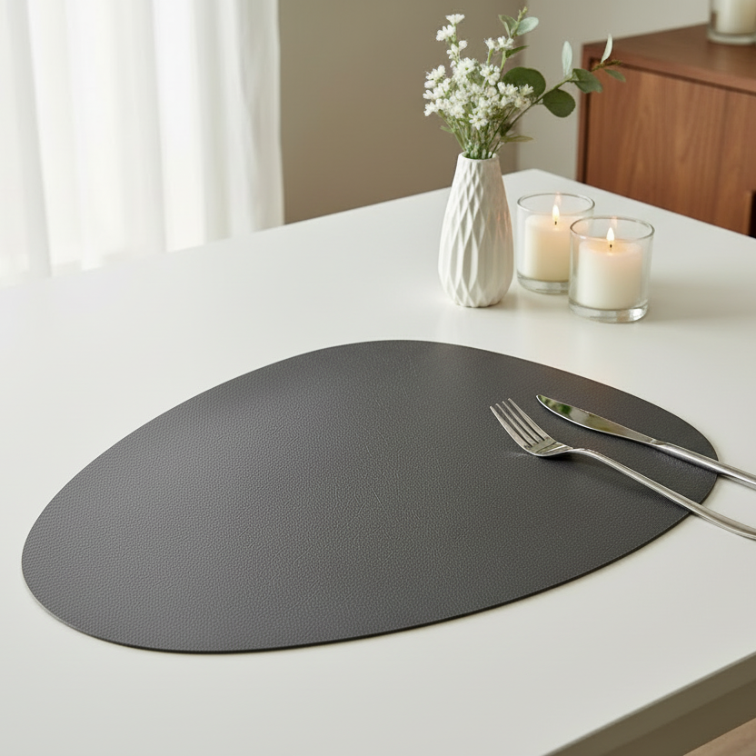 Gray placemat on a white table with a vase, candles, and cutlery.