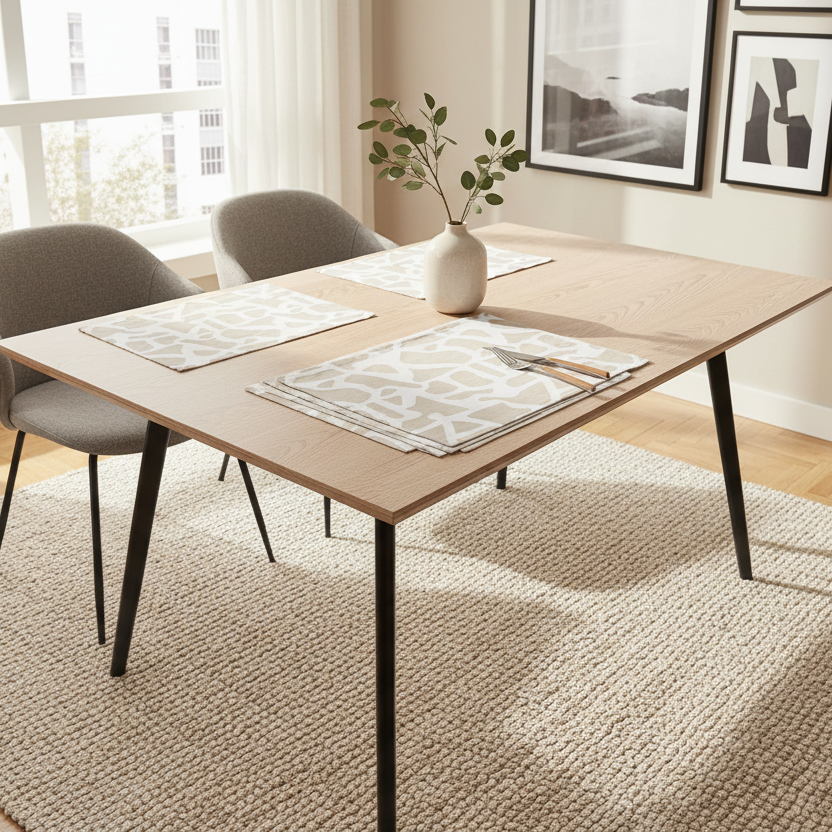Dining table set with chairs in a room with large windows and framed pictures on the wall.