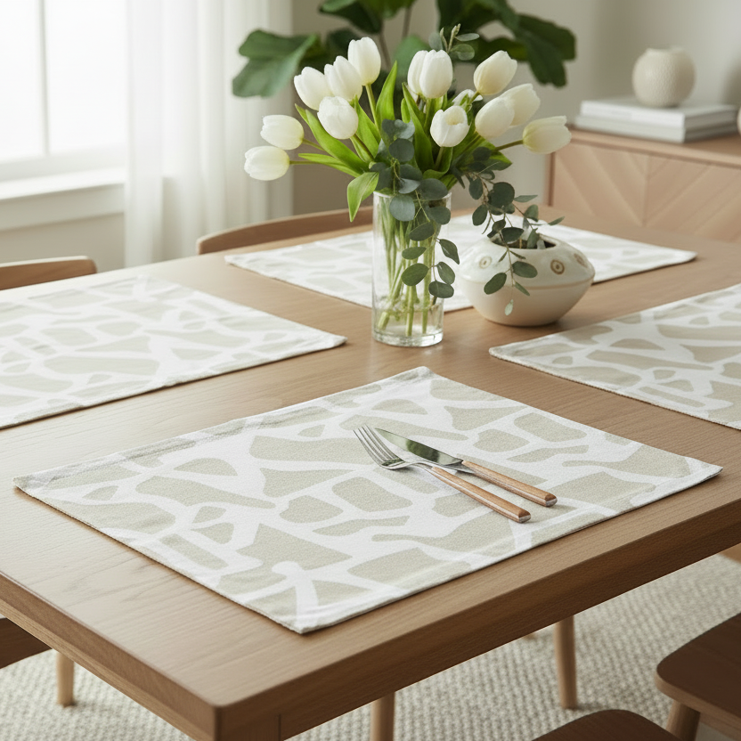 Dining table set with placemats, cutlery, and a vase of white tulips in a bright room.