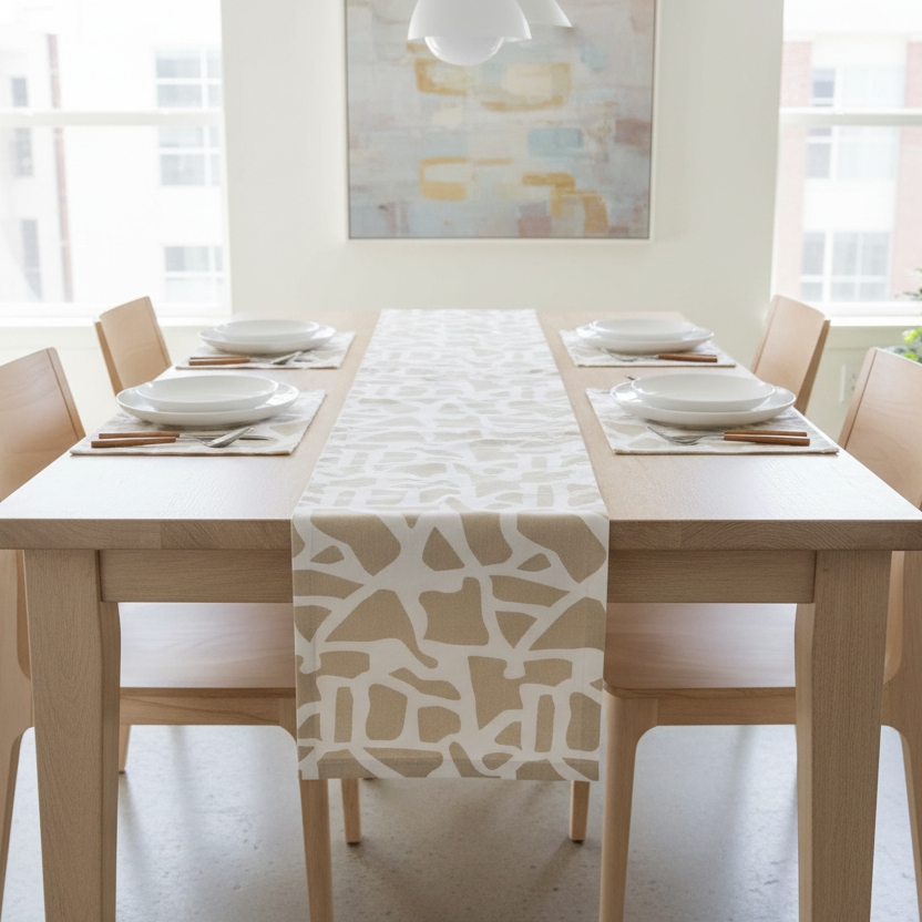 Dining table set with a patterned table runner in a bright room.