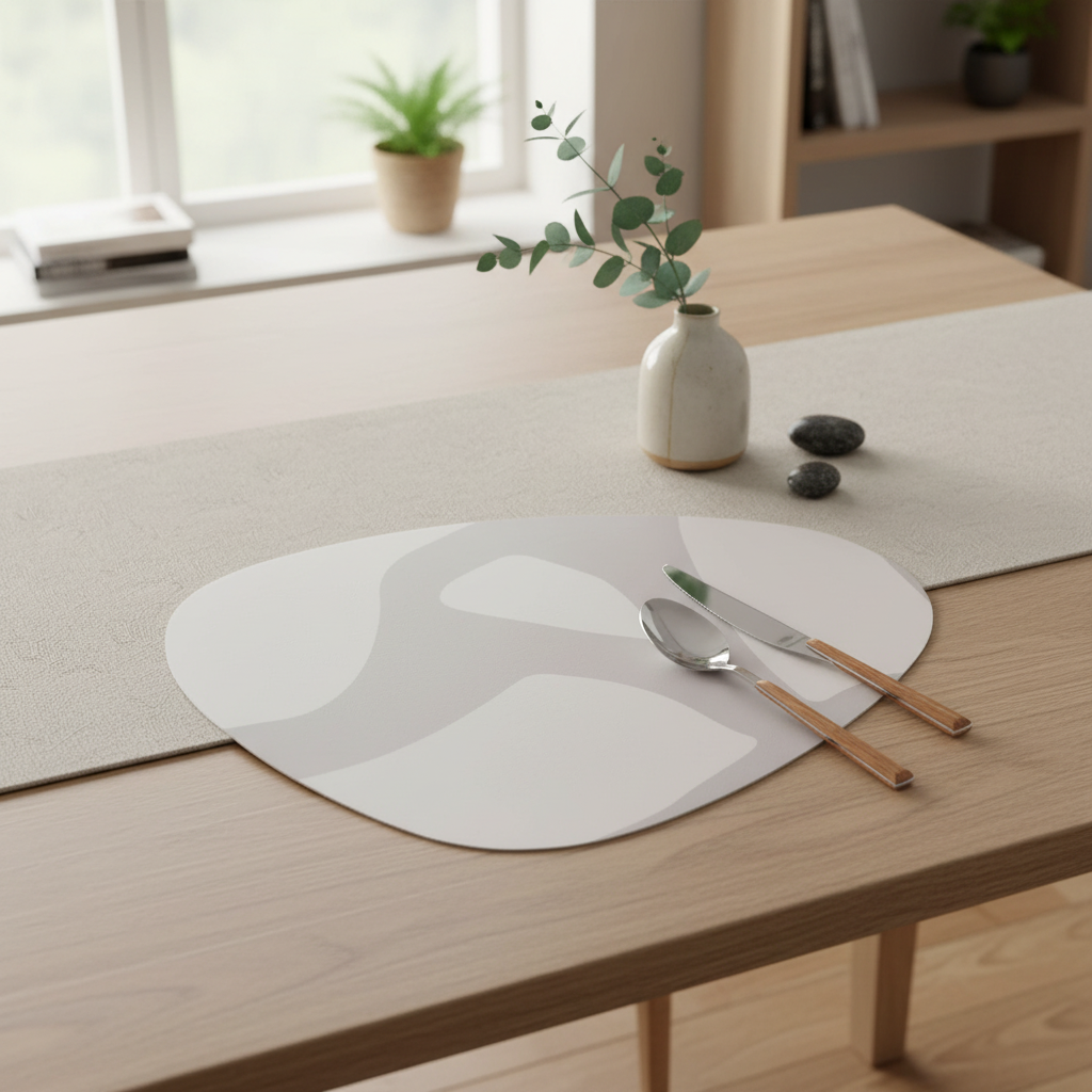 Table setting with white placemats, cutlery, and a vase on a wooden table.