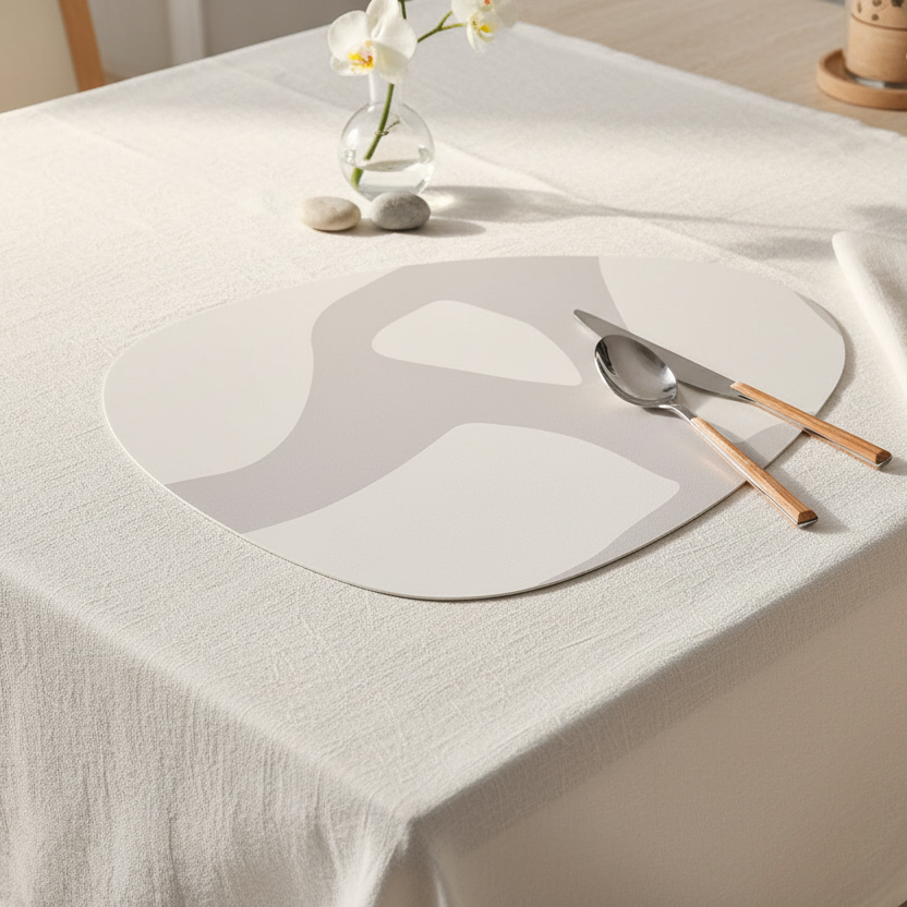 White placemats on a table with cutlery and a vase of flowers.