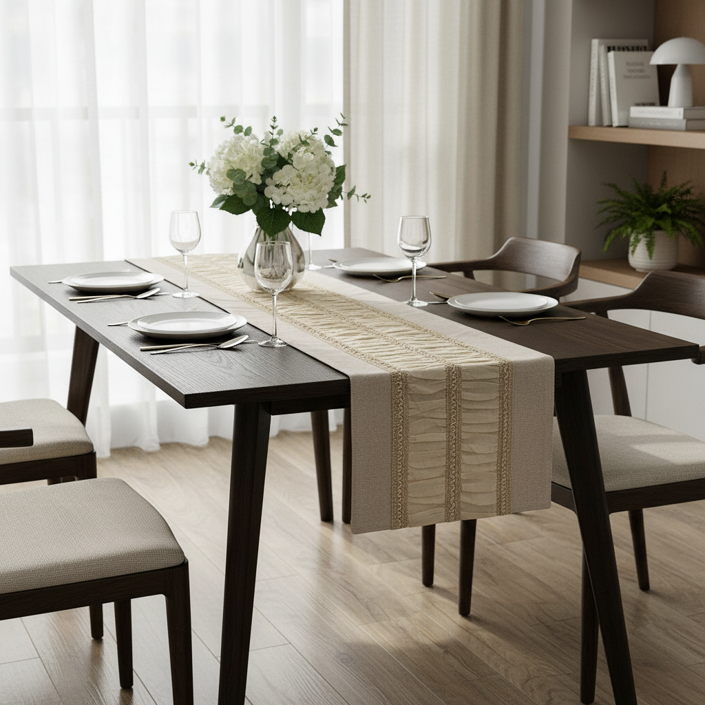 Modern dining room with a table set for four, featuring a decorative table runner and white flowers.
