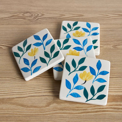 Hand-Painted Botanical Ceramic Coasters (Set of 4)
