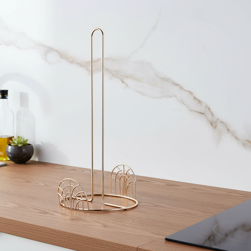 Gold metal bottle holder on a wooden surface with a marble wall background