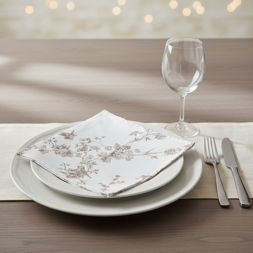 Table setting with plates, napkin, wine glass, fork, and knife on a wooden table.