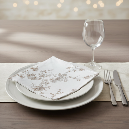 Table setting with plates, napkin, wine glass, fork, and knife on a wooden table.