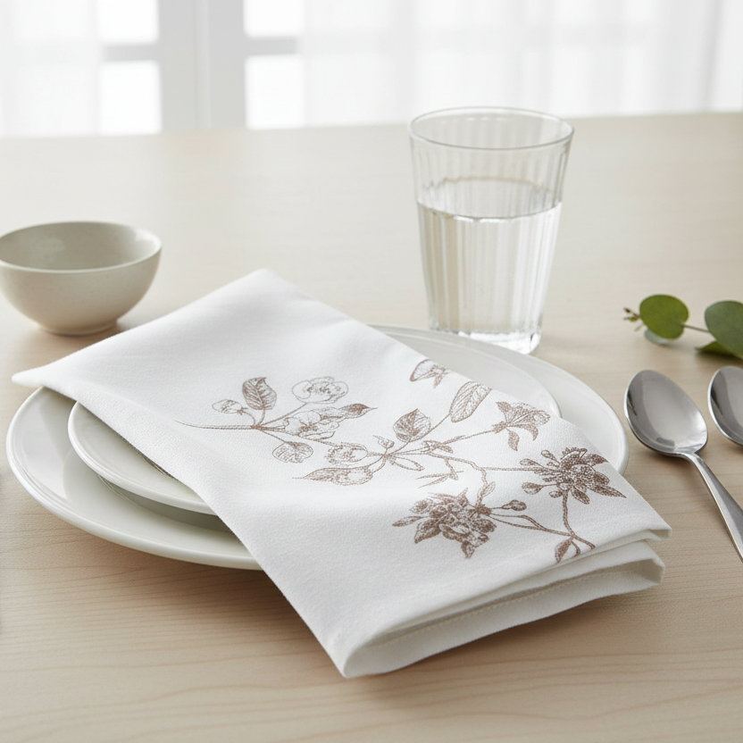 White napkin with floral embroidery on a table setting with plates, glasses, and cutlery.