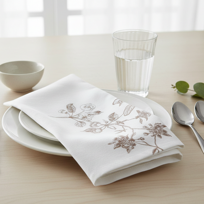 White napkin with floral embroidery on a table setting with plates, glasses, and cutlery.