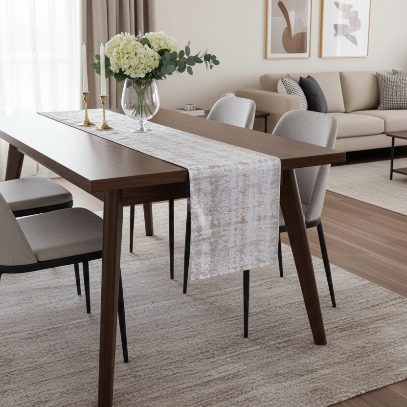 Dining room with a wooden table, chairs, and a vase of flowers.