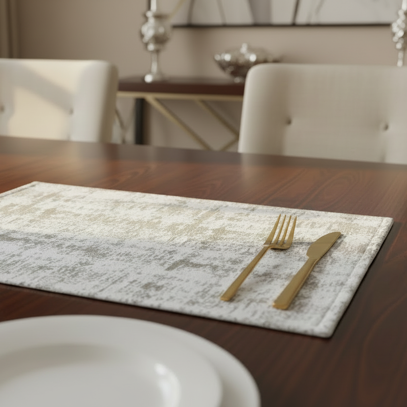 Dining table setting with a placemat, fork, knife, and plate.