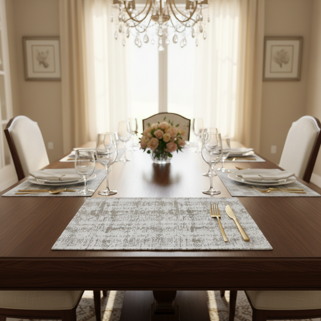 Elegant dining room with a set table, flowers, and a chandelier.