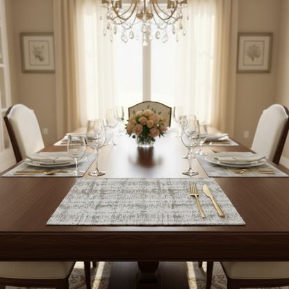 Elegant dining room with a set table, flowers, and a chandelier.