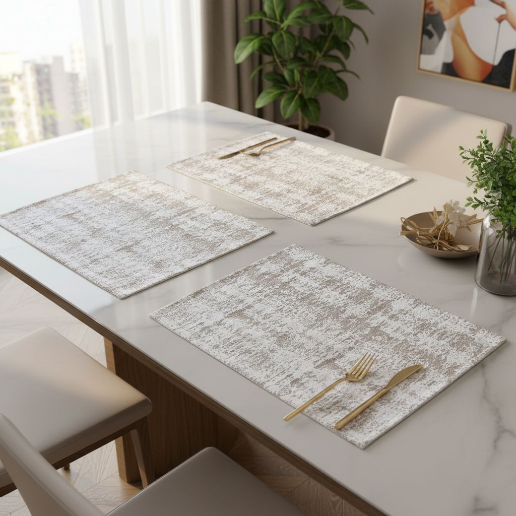 Dining table set with placemats, cutlery, and a small bowl on a marble countertop.