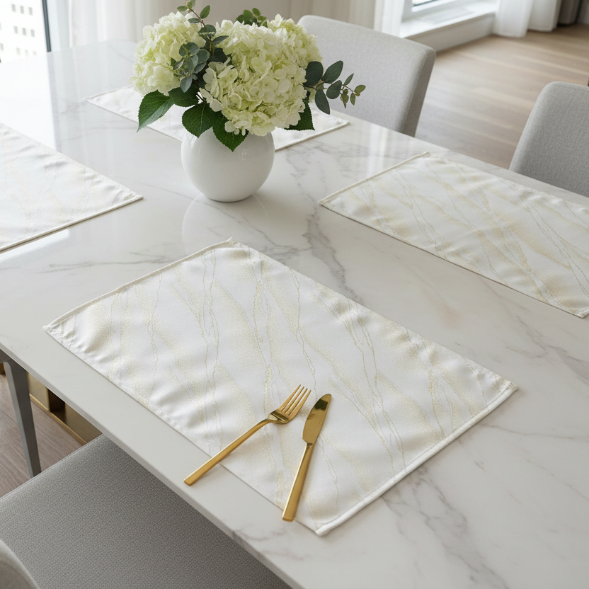 Dining table set with marble placemats, gold cutlery, and a vase of white flowers.