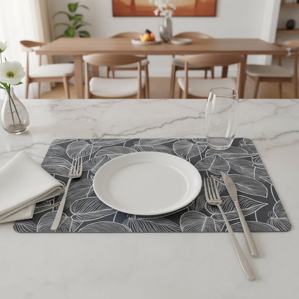 Dining table setting with a decorative placemat, plate, cutlery, and glasses.
