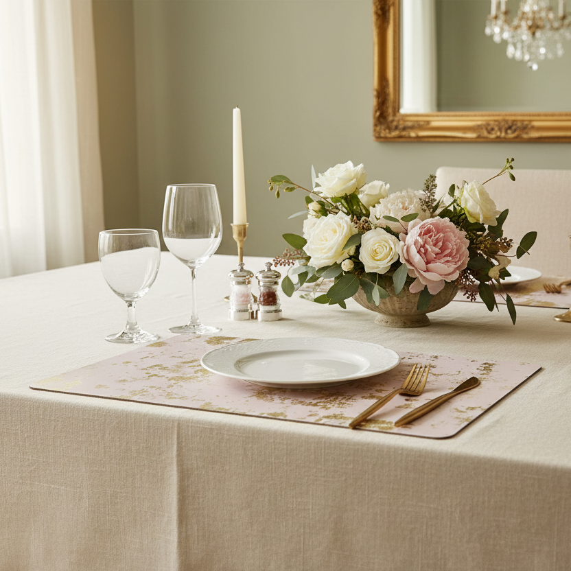 Elegant table setting with flowers, candles, and cutlery in a formal dining room.