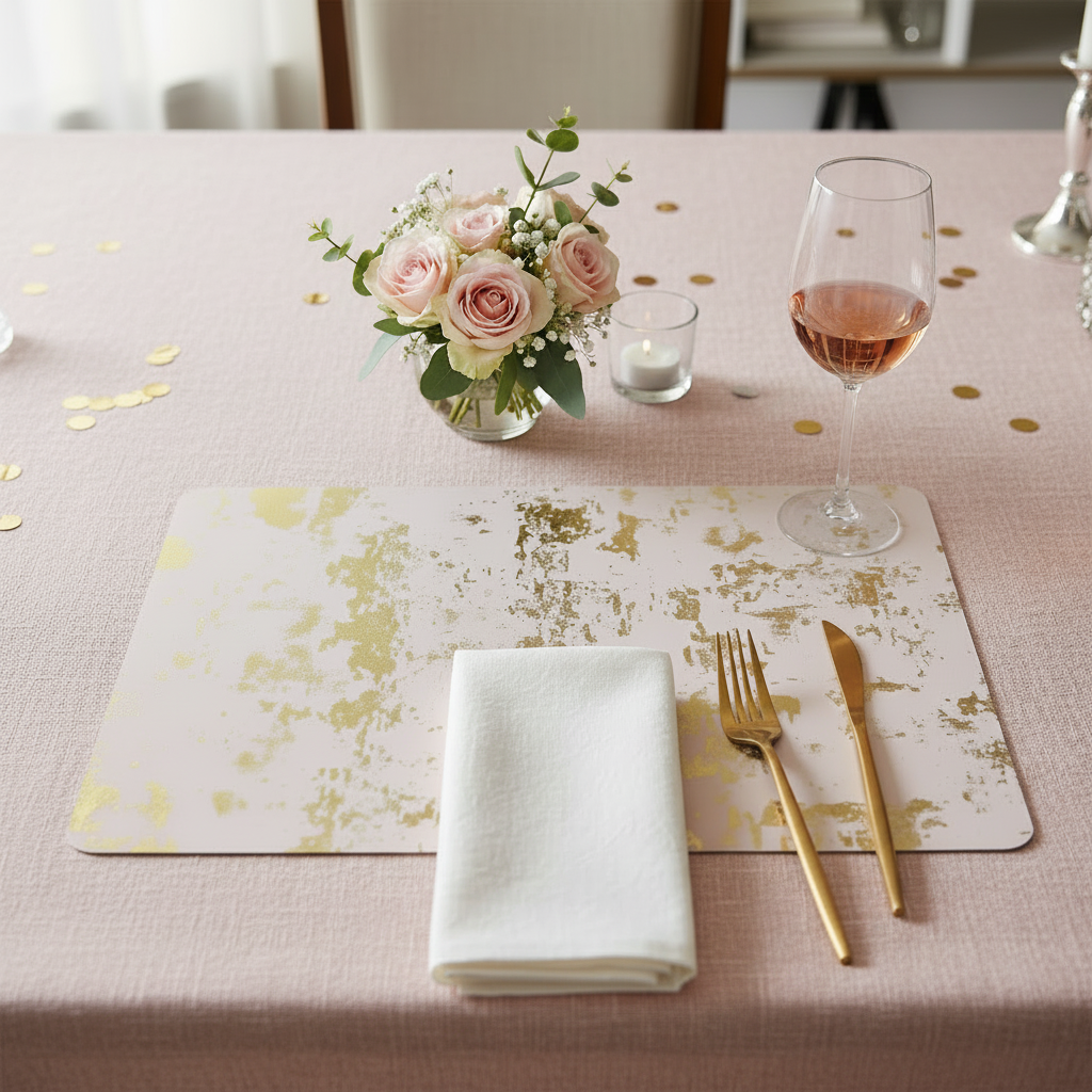 Dining table setting with a floral arrangement, glass of wine, and cutlery on a gold leaf placemat.