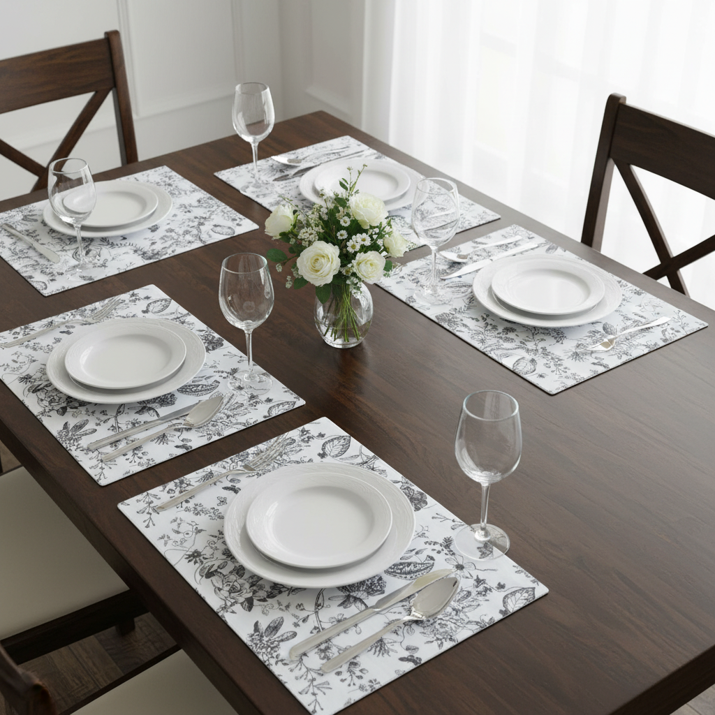 Dining table set with white plates, silverware, glasses, and floral centerpieces on decorative placemats.