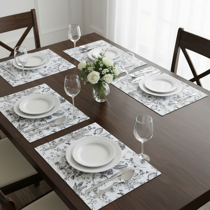 Dining table set with white plates, silverware, glasses, and floral centerpieces on decorative placemats.