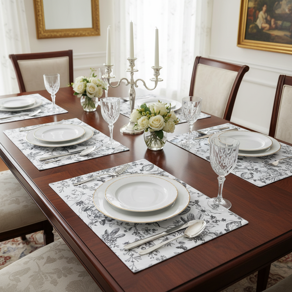 Dining table set with place settings, glasses, and floral centerpieces.