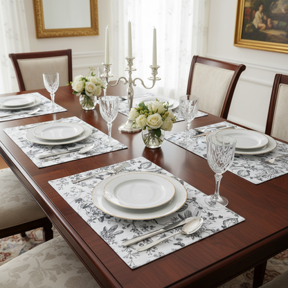 Dining table set with place settings, glasses, and floral centerpieces.