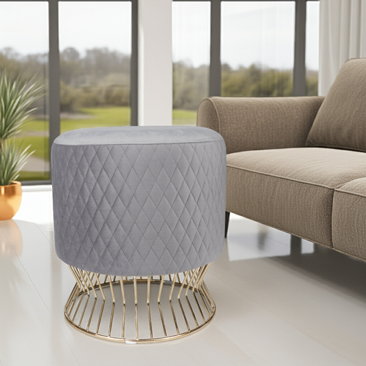 Elegant Gray Quilted Velvet Ottoman with Gold Base