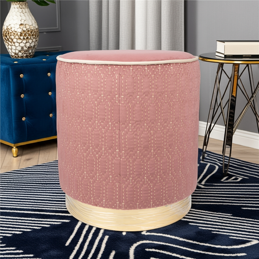 Rose Pink Velvet Ottoman with Geometric Stitching