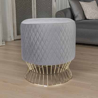 Elegant Gray Quilted Velvet Ottoman with Gold Base