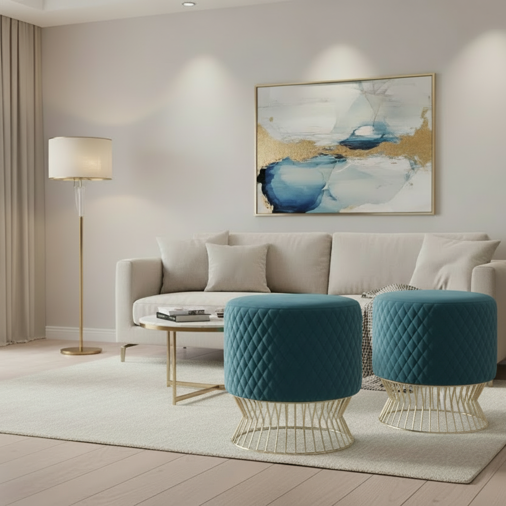 Modern living room with beige sofa, blue ottomans, and abstract art on the wall.